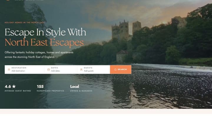 North East Escapes homepage — Durham Cathedral above the river at dusk