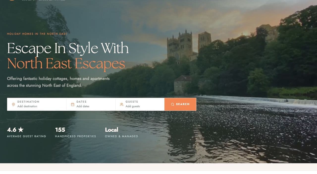 North East Escapes homepage — Durham Cathedral above the river at dusk